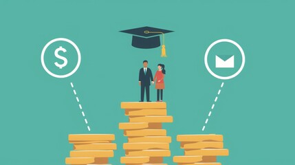 A man and woman stand on stacks of coins, with a graduation cap on top, symbolizing financial and educational success.
