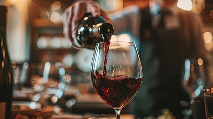 Close-up shot of red wine pouring in a glass. Red wine pouring close-up, restaurant service. 