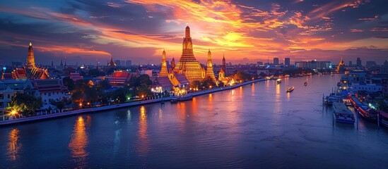 Majestic Wat Arun Temple Rises Elegantly Above Chao Phraya River at Vibrant Sunrise in Bangkok