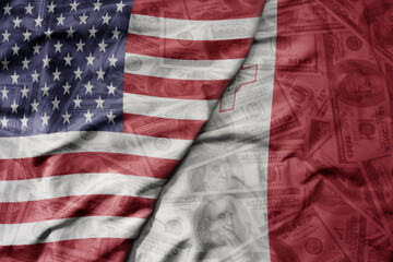 Obraz premium big waving colorful flag of united states of america and national flag of malta on the dollar money background. finance concept.