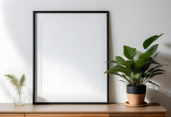 A white wall with a minimalist frame mockup poster and a potted plant in Sunlight streams through the window.