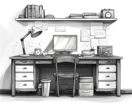 A black and white illustration of a study desk with a computer, lamp, books, and other office supplies