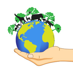 Vector illustration of earth with trees and animals in hands transparent background