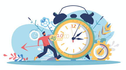 Time management concept. Man pulling arrows of clock