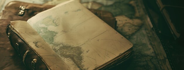 Antique World Map in Open Leather Journal