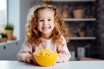 Portrait of a happy, cute kid, curly girl smiling at camera at kitchen at bright home. 