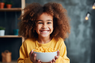Naklejka premium Portrait of a happy, cute kid, curly girl smiling at camera at kitchen at bright home. 