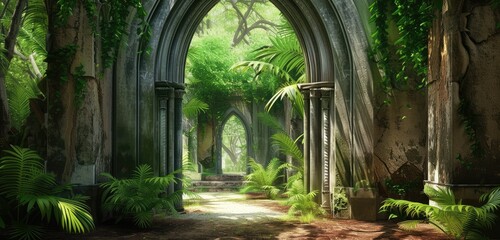 Ancient Archway in Overgrown Jungle Temple Ruins