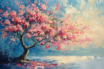 Spring blooming tree in acrylic style
