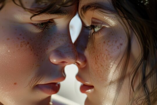 Close up of two people with freckles, perfect for skincare ads