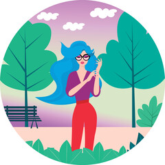 Elegant illustration woman in glasses, in a park, in nature
