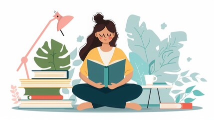 A person sits cross-legged with a book on their lap, surrounded by plants and a peaceful ambiance.