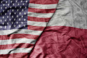 big waving colorful flag of united states of america and national flag of poland on the dollar money background. finance concept.
