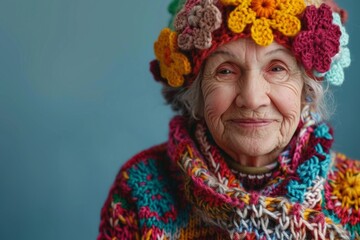 cheerful senior woman in knitted clothes with Irish lace