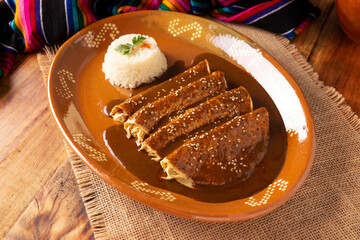 Chicken enmoladas. Also known as mole poblano enchiladas, they are a typical Mexican dish that is very popular in Mexico and the rest of the world.