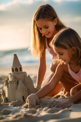 Girls making a sand castle on the beach