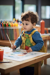Baby painting with brush in a nursery