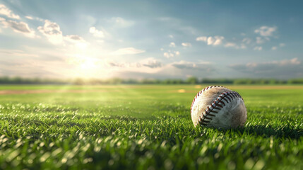 Baseball on grass field with a stunning sunset backdrop casting a warm glow.