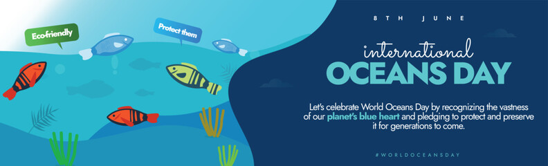 World Oceans day 8th June cover banner. World Oceans day banner, social media post with different fishes, sea grass, corals. 2024 theme for this day is Catalysing Action for Our Ocean and Climate. 