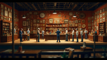 Generative AI, small private business, little souvenirs shop store with customers selling vintage crafts