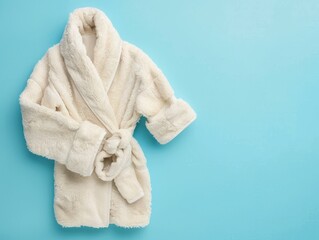 A luxurious white bathrobe made of soft, plush fabric, lying on a blue background, epitomising comfort and relaxation.