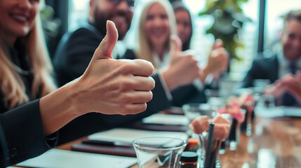 Thumb up in meeting, Showing appreciation and approval of the business community
