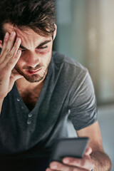 Domestic violence, bruise or phone by man on sofa for web, help or emergency helpline for abuse...