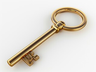 Photo of a 3D rendered key icon, golden and shiny, isolated on white background