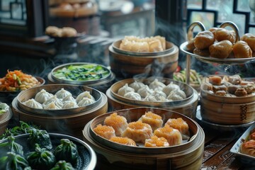 Obraz premium Fresh dim sum in bamboo bowl, Chinese cuisine
