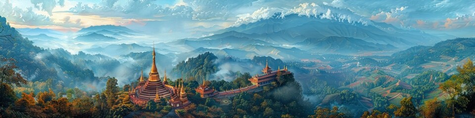 Misty Mountain Pagoda Panoramic View of Thailand s Doi Suthep Temple Amid Lush Valleys and Mist