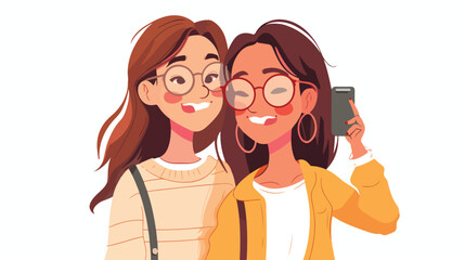 Two of cute smiling girls friends taking selfie photo