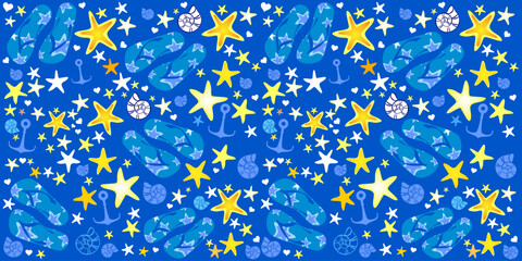 Summer blue pattern with shells, flip-flops and  anchor. Fashion print design.  Flat style. Icon Summer. Horizontal banner.  Web banner design background for header Templates. Vector illustration