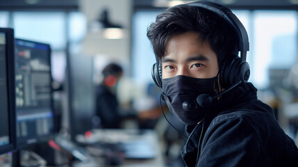 the callcenyer guy wreaing mask and headphone working at office,