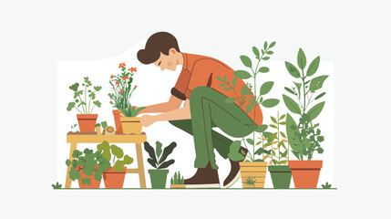 Urban gardening flat vector illustration. Male gardener