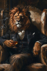 Business lion boss in a chair drinks whiskey