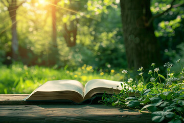 Open book in a tranquil garden close-up on outdoor reading and the connection with nature 