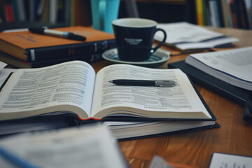 Obraz premium Open textbook on a students desk close-up on a challenging chapter