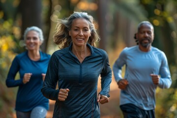 Three adults in activewear are jogging through a forest path in the morning light