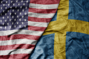 big waving colorful flag of united states of america and national flag of sweden on the dollar...