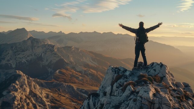 A man standing on top of a mountain with his arms outstretched. Great for outdoor and adventure concepts