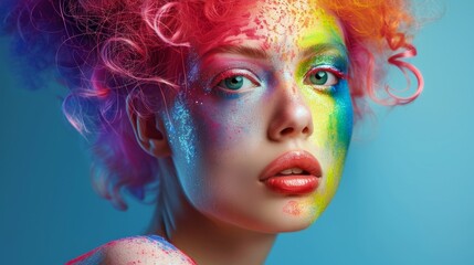 Closeup portrait of a young woman with vibrant rainbow makeup and curly hair against a blue background