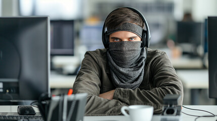 a man with mask wearing headphone and working at the office,