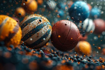 A dynamic display of volleyballs immersed in a sea of vivid particles, highlighting the energy and...