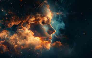 A cloud transforms into the visage of a woman, emanating a sparkling light with the power of generative AI.