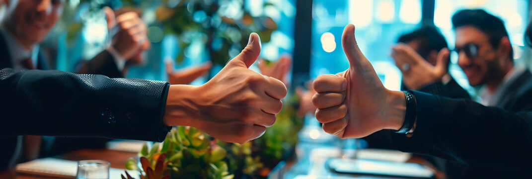 Thumb up in meeting, Showing appreciation and approval of the business community