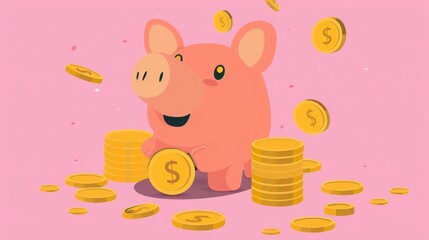 A smiling piggy bank surrounded by stacks of gold coins, symbolizing savings and financial security.