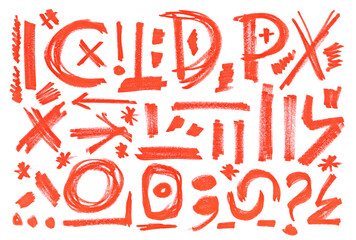 Set grunge scribble geometric shapes and symbols, red marker isolated on white background