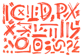 Set grunge scribble geometric shapes and symbols, red marker isolated on white background