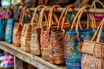 Woven straw bags on sale in the market