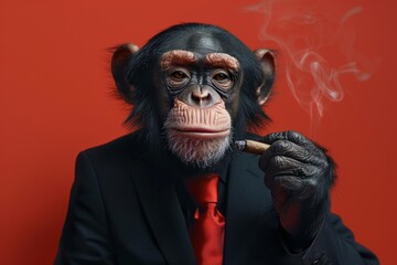 monkey boss in a business suit is smoking a cigar